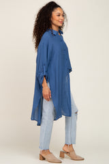 Blue Button Front Side Slit Oversized Blouse