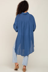 Blue Button Front Side Slit Oversized Blouse