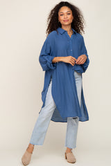 Blue Button Front Side Slit Oversized Blouse