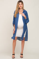 Blue Button Front Side Slit Oversized Maternity Blouse