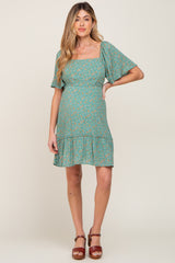 Green Floral Square Neck Smocked Open Back Maternity Dress