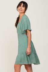 Green Floral Square Neck Smocked Open Back Dress