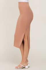 Mocha Ribbed Side Slit Midi Skirt