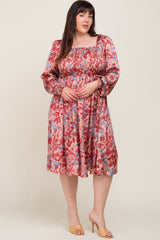 Burgundy Floral Smocked Maternity Plus Satin Dress