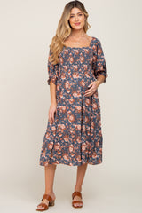 Navy Floral Smocked 3/4 Sleeve Maternity Midi Dress