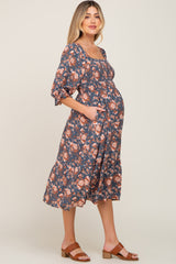 Navy Floral Smocked 3/4 Sleeve Maternity Midi Dress