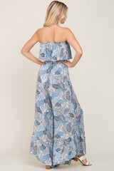 Blue Printed Strapless Ruffle Hem Jumpsuit