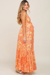 Orange Printed Halter Maternity Dress