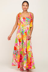 Pink Tropical Print Smocked Tie Sleeve Maternity Maxi Dress