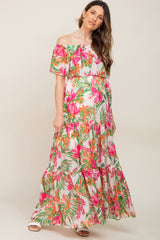 Ivory Tropical Print Off Shoulder Maternity Maxi Dress