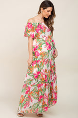 Ivory Tropical Print Off Shoulder Maternity Maxi Dress