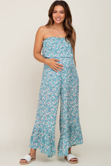 Aqua Floral Strapless Ruffle Maternity Jumpsuit