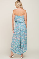 Aqua Floral Strapless Ruffle Jumpsuit