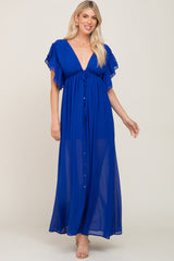 Royal Blue Flounce Button Front Maxi Dress