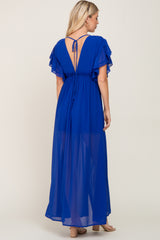 Royal Blue Flounce Button Front Maxi Dress