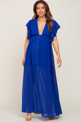 Royal Blue Flounce Button Front Maternity Maxi Dress