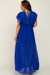 Royal Blue Flounce Button Front Maternity Maxi Dress