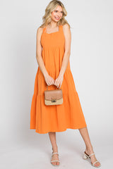 Neon Orange Tiered Crisscross Strap Maternity Midi Dress