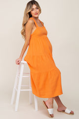 Neon Orange Tiered Crisscross Strap Maternity Midi Dress