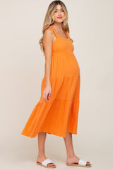 Neon Orange Tiered Crisscross Strap Maternity Midi Dress