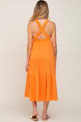 Neon Orange Tiered Crisscross Strap Maternity Midi Dress