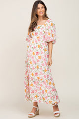 White Floral Puff Sleeve Maternity Maxi Dress