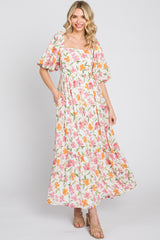 White Floral Puff Sleeve Maternity Maxi Dress