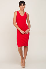 Red Basic V-Neck Sleeveless Dress