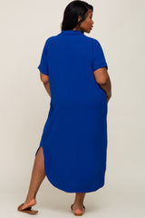 Royal Blue Button Down Hi Low Plus Maxi Dress