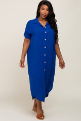 Royal Blue Button Down Hi Low Plus Maxi Dress