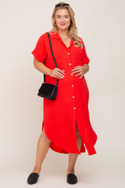 Red Button Down Hi Low Maternity Plus Maxi Dress