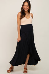 Black Hi-Lo Lettuce Hem Maternity Maxi Skirt