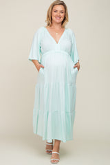 Mint Green Deep V-Neck Tiered Maternity Plus Maxi Dress