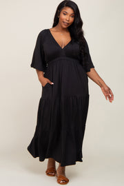 Black Deep V-Neck Tiered Plus Maxi Dress