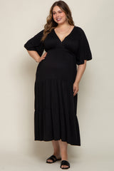 Black Deep V-Neck Tiered Maternity Plus Maxi Dress