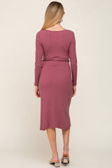 Mauve Rib Knit Long Sleeve Maternity Wrap Midi Dress