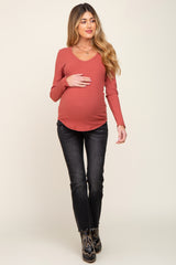 Rust Ribbed Scoop Neck Long Sleeve Maternity Top