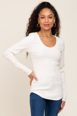 Ivory Ribbed Scoop Neck Long Sleeve Top