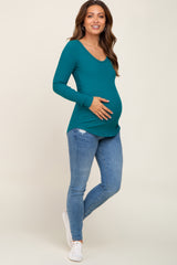 Teal Ribbed Scoop Neck Long Sleeve Maternity Top