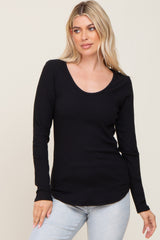 Black Ribbed Scoop Neck Long Sleeve Top