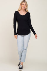 Black Ribbed Scoop Neck Long Sleeve Top