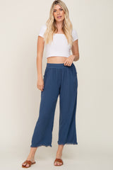 Navy Linen Frayed Hem Crop Maternity Pants