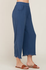 Navy Linen Frayed Hem Crop Pants