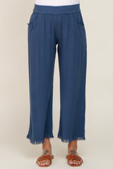 Navy Linen Frayed Hem Crop Maternity Pants