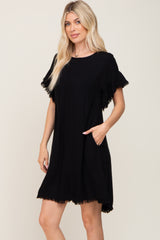 Black Frayed Trim Back Keyhole Linen Dress