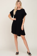 Black Frayed Trim Back Keyhole Linen Maternity Dress