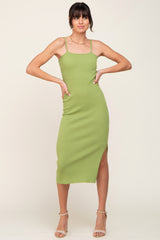 Light Olive Ribbed Knit Side Slit Maternity Midi Dress