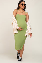 Light Olive Ribbed Knit Side Slit Maternity Midi Dress