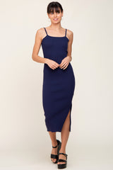 Navy Ribbed Knit Side Slit Midi Dress