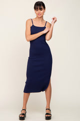 Navy Ribbed Knit Side Slit Midi Dress